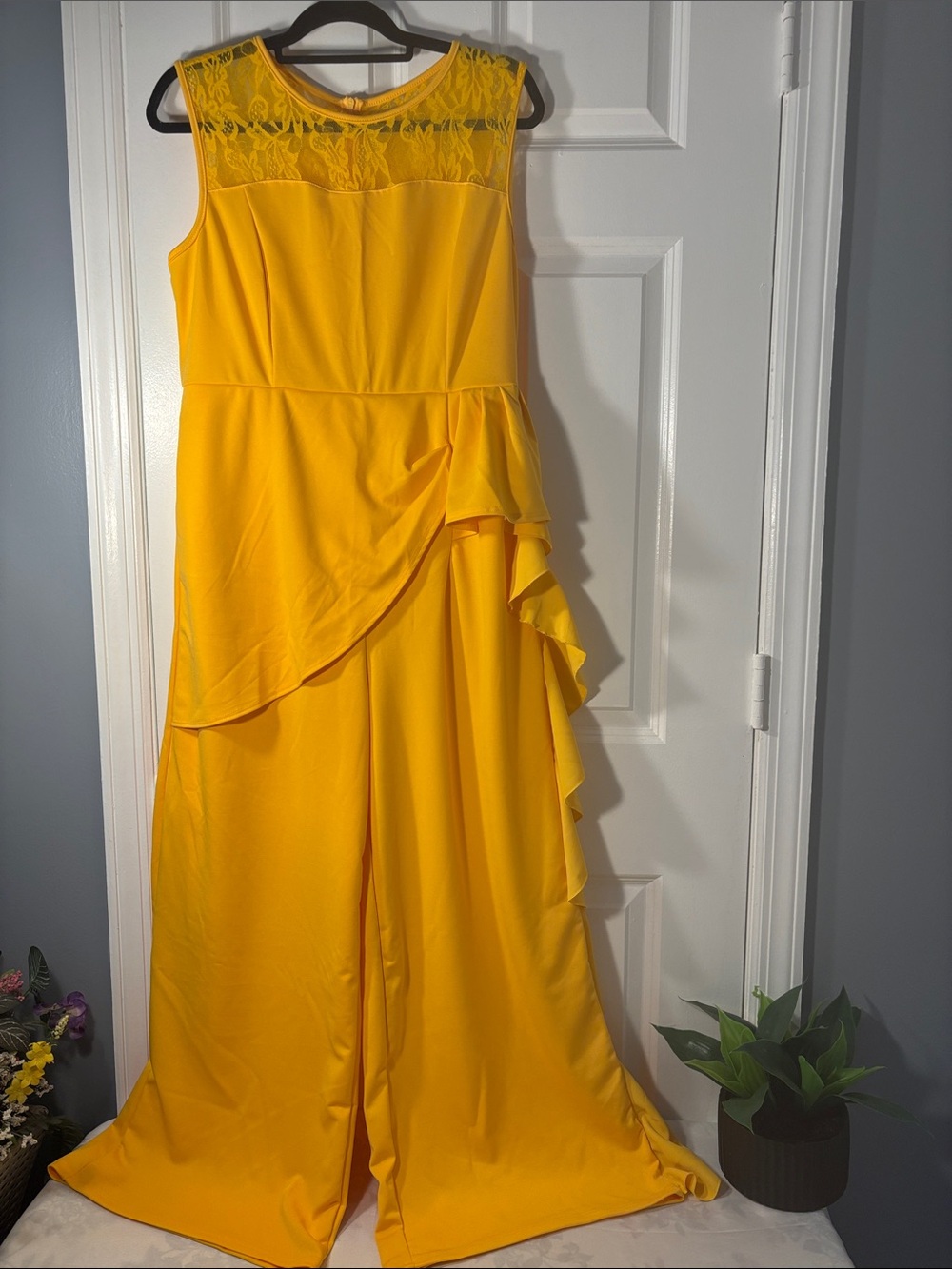 SHEIN Yellow Lace-Yoke Maxi Dress with Ruffle Overlay